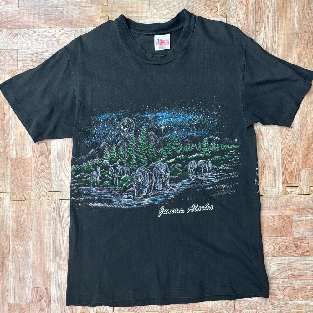 True VTG Juneau Alaska T-Shirt Black Men's Med Nature Bears Wolves Night Sky NOS